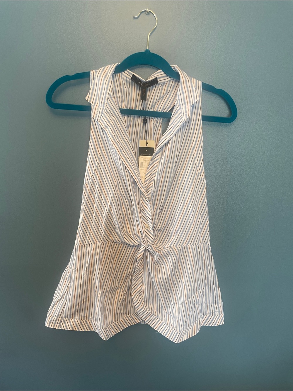 BCBG Striped Knot-Front Sleeveless Blouse - Blue & White
